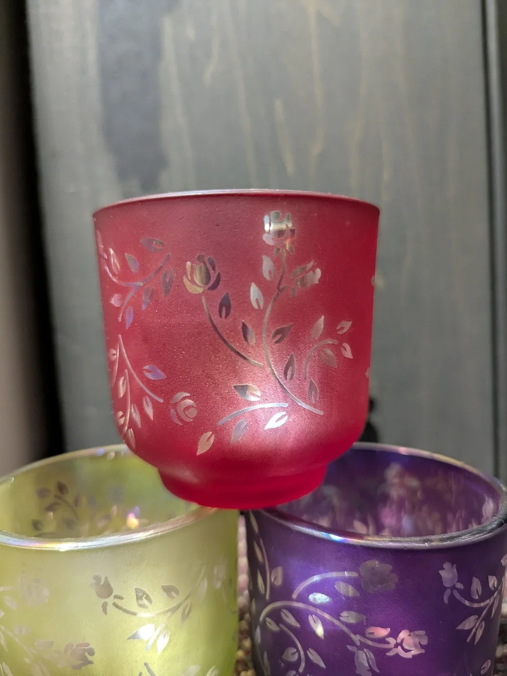 Vintage Floral Frosted Glass Votive Set - Yellow, Purple, Blue, Red